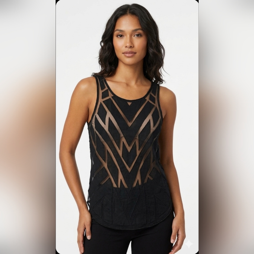 Free People Black Geometric Mesh Tank Top Size S.